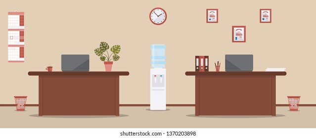 Office interior on a cream background. Tables, folders,wall calendar,laptops, clock,cup of coffee or tea,water cooler,monstera plant in pot,pen,pencil,bin,papers. Wooden floor. Vector illustration