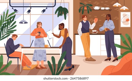 Office interior on work day. Vector coworker day. People at job planning and coffee break. Employee meeting and brainstorming, communication and discussion. Corporate teamwork. Company poster.