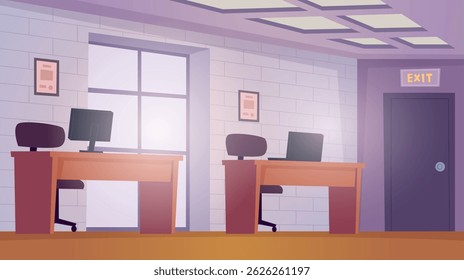 Office interior. open space working places with tables and computers in business center