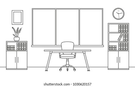 Office interior outline sketch. Modern business workspace with office furniture: chair, desk, computer, bookcase, clock on the wall and window. Vector illustration.