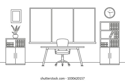 Esboço de contorno interior do escritório. Espaço de trabalho de negócios moderno com móveis de escritório: cadeira, mesa, computador, estante, relógio na parede e janela. Ilustração vetorial.