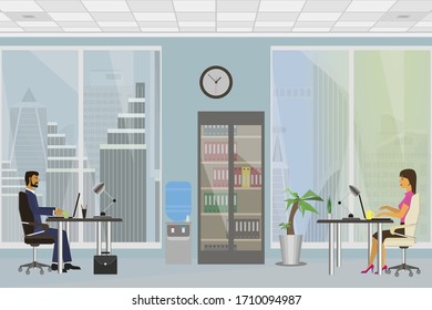 Office interior with panoramic windows and workplaces for man and woman. office interior.