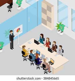 Office Interior And People 3D Isometric Concept-Vector Illustration.People Collection.Abstract Office Floor Interior Departments.Businesspeople Sitting At Office Meeting And Working On Laptop