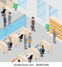 Office Interior And People 3D Isometric Concept-Vector Illustration.Manager Receives A Report From An Employee.People Collection.Abstract Office Floor Interior Departments.Full Size And Length People