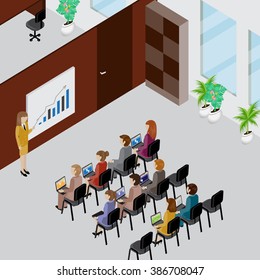 Office Interior And People 3D Isometric Concept-Vector Illustration.People Collection.Abstract Office Floor Interior Departments.Businesspeople Sitting At Seminar And Working On Laptop