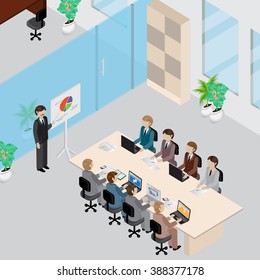 Office Interior And People 3D Isometric Concept-Vector Illustration.People Collection.Abstract Office Floor Interior Departments.Businesspeople Sitting At Office Meeting And Working On Laptop