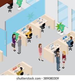 Office Interior And People 3D Isometric Concept-Vector Illustration.Manager Receives A Report From An Employee.People Collection.Abstract Office Floor Interior Departments.Full Size And Length People
