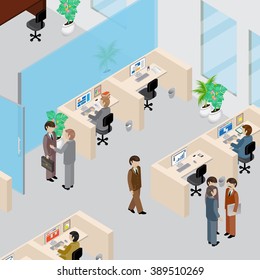 Office Interior And People 3D Isometric Concept-Vector Illustration.Manager Receives A Report From An Employee.People Collection.Abstract Office Floor Interior Departments.Full Size And Length People