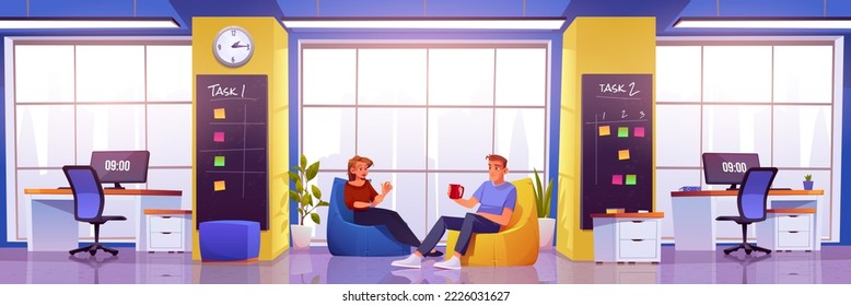 Office interior with people rest in lounge area and empty work desks with computer monitors. Vector cartoon illustration of coworking lobby, workplace with employees