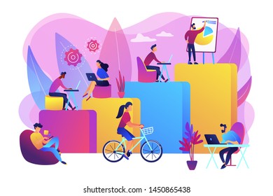 Office Interior. People Working In Creative Workspace On Open Space. Modern Workplace, Employee Happiness, How To Boost Productivity Concept. Bright Vibrant Violet Vector Isolated Illustration