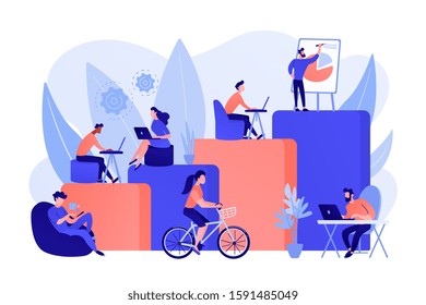 Office interior. People working in creative workspace on open space. Modern workplace, employee happiness, how to boost productivity concept. Pink coral blue vector isolated illustration