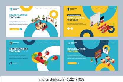 Office Interior Plan and People Working Landing Web Page Template Set Concept 3d Isometric View. Vector illustration of Workplace Business Project