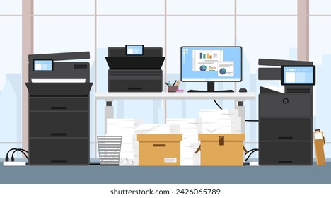 Office interior of printer room, Modern furniture, Printer and document scanner with pile of paper and computer, Copy document with multifunction printer and scanner in office place, Office background