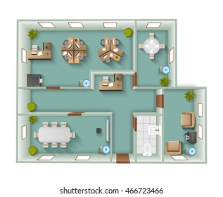 Office interior project top view plan with reception and working space vector illustration