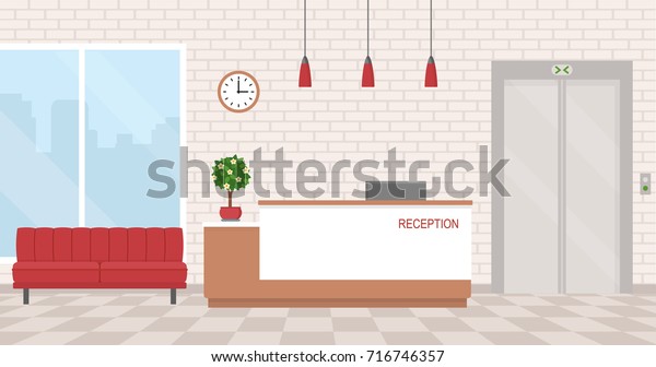 Office interior with reception and waiting area. Flat style white brick wallpaper, vector illustration. 