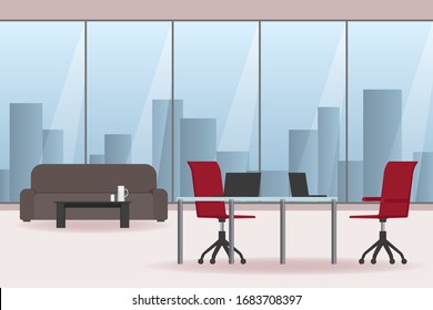 Office interior with red chairs and couch. Vector illustration.