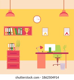 Office interior with red table and big window in yellow colors.