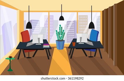 Office interior room. Vector illustration in flat style. Armchairs and tables, computer and phone, view from the window on megapolis, skyscrapers. Business concept