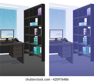 Office interior scene detailed vertical background vector illustration variation set