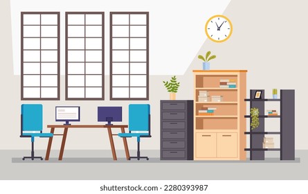 Office interior space workspace modern desk concept. Vector graphic design illust