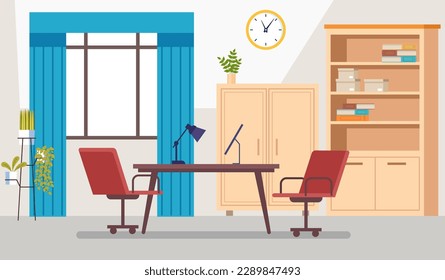 Office interior space workspace modern desk concept. Vector cartoon graphic design element illustration