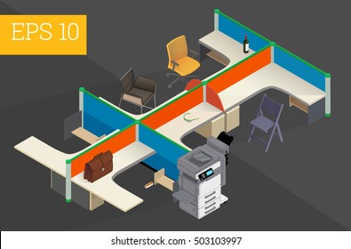 office interior with table, chairs, briefcase, printer eps10 vector illustration