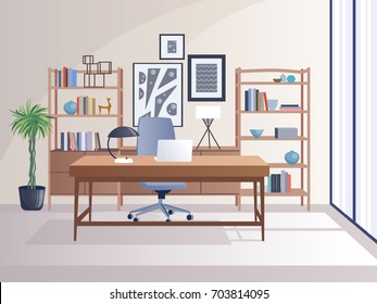 Office interior with table, decoration, shelf, computer. Vector clip art