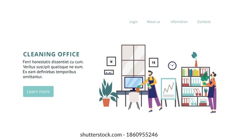 Interior de oficina con equipo de conserjes profesionales en uniforme. El personal de limpieza lava el lugar de trabajo en la habitación. Plantilla de página de inicio para la aplicación de servicio de limpieza. Ilustración plana del vector