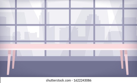 Office interior. Team, teamwork template. Desk, table in the room with window. Beautiful workplace. City silhouette on the background. Simple cartoon design. Flat style vector illustration.