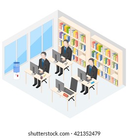 Office interior with three employees. Workers are typing on the keyboard of the computer. By the window is a cooler with water.