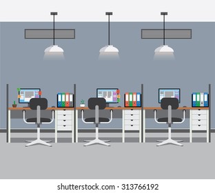Office interior with three work places Vector illustration