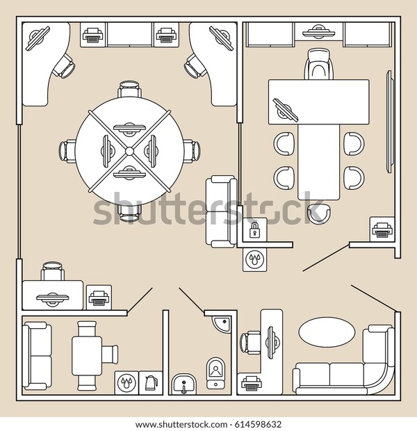 オフィスの内部 平面図アーキテクチャのプランベクターイラスト 家具テーブルと椅子付きオフィスキャビネット トイレとキッチンと平面図 オフィス のベクター画像素材 ロイヤリティフリー