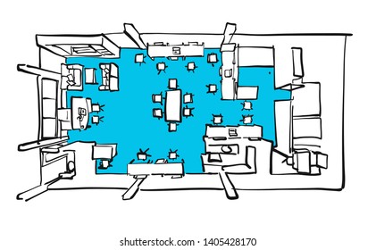 office interior top view with blue floor. Hand drawn vector art for architecture and communication projects. 