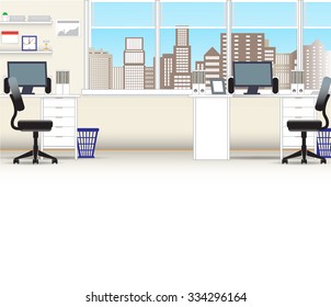 Office interior vector business background, tables chairs, computer desk, desktop, window, city