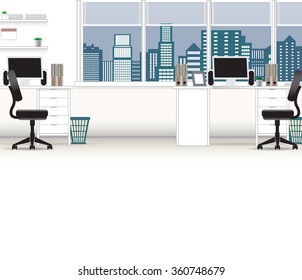 Office interior vector business background, tables chairs, computer desk, desktop, window, city, employee, empty, on the tables with computers