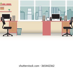 Office interior vector business background, tables chairs, computer desk, desktop, window, city, employee, empty, on the tables with computers