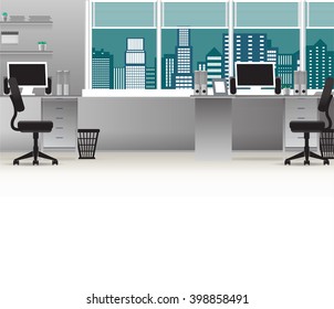 Office interior vector business background, tables chairs, computer desk, desktop, window, city, employee, empty, on the tables with computers