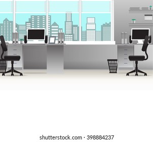 Office interior vector business background, tables chairs, computer desk, desktop, window, city, employee, empty, on the tables with computers