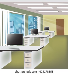 Office interior vector business background, tables chairs, computer desk, desktop, window, city, employee, empty, on the tables with computers