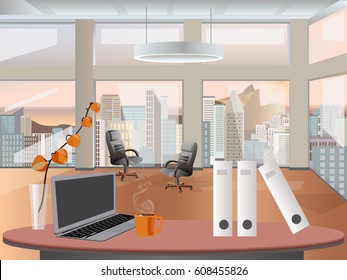 Office interior vector business background, tables chairs, computer desk, desktop, window, city, empty, on the tables with computers.