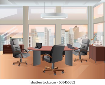 Office interior vector business background, tables chairs, computer desk, desktop, window, city, empty, on the tables with computers.