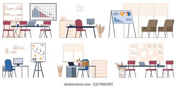 Office interior. Vector illustration. Working workplace, coworking space Working at home office Creative office desktop workspace Empty workplace, Desk chair computer workspace office No people