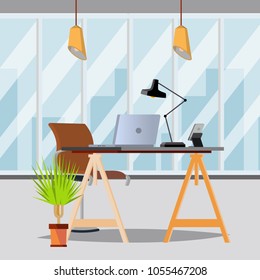 Office Interior Vector. Modern Business Workspace. Office With Furniture. Flat Illustration
