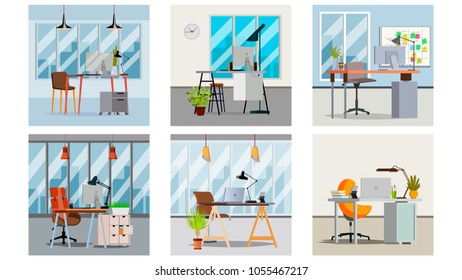 Office Interior Vector. Interior Office Room With Furniture Design. Modern Business Workspace. Flat Illustration
