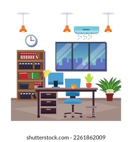 Office interior view. Beautiful office room interior colorful vector art illustration 