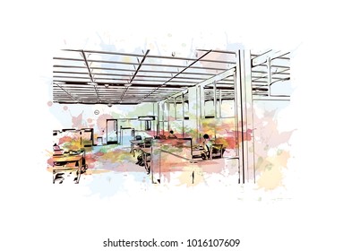 Office interior, Watercolor splash with hand drawn sketch illustration in vector.