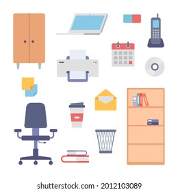 Office interior work items icon set. Filing cabinet and modern adjustable chair. Trash can with cup of coffee. Laptop and printer with paper. Open envelope with letter and desk calendar. Vector flat