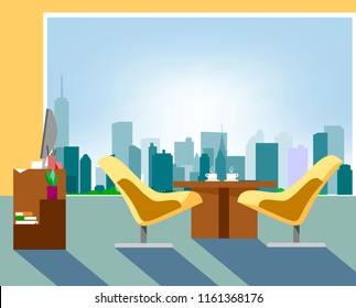 Office interior and office work with large windows and a view of skyscrapers in the style of flat