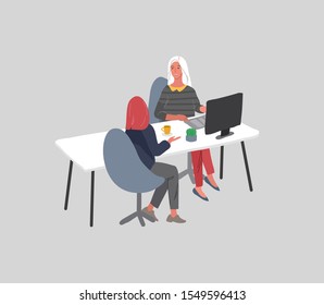 Office interior with an worker sitting at desks and communicating with a client or colleagues. Business deal or service. Vector cartoon concept illustration for business, finance, cover or banner