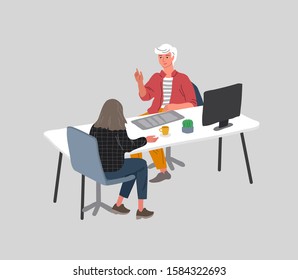 Office interior with an worker sitting at desks and communicating with a client or colleagues. Business deal or service. Vector cartoon concept illustration for business, finance, cover or banner